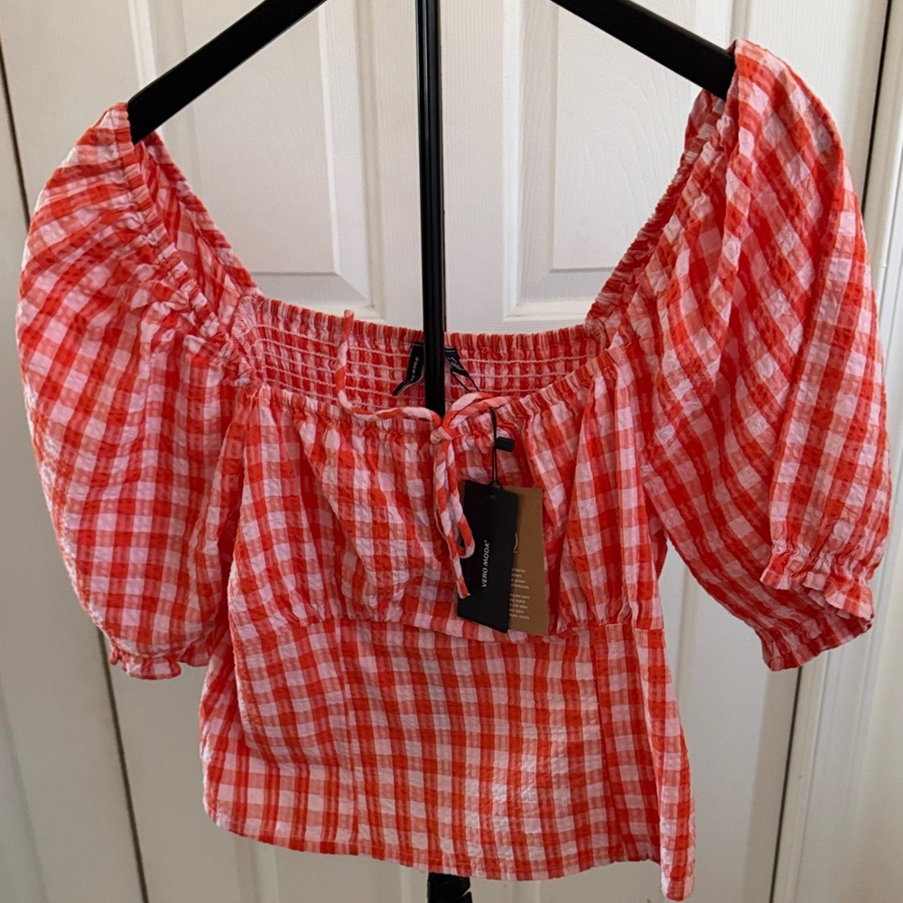 Vero Moda Red Gingham Off-Shoulder Blouse